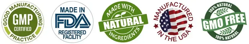 Certifications: GMP Certified, FDA Registered Facility, Made with Natural Ingredients, Manufactured in the USA, GMO Free